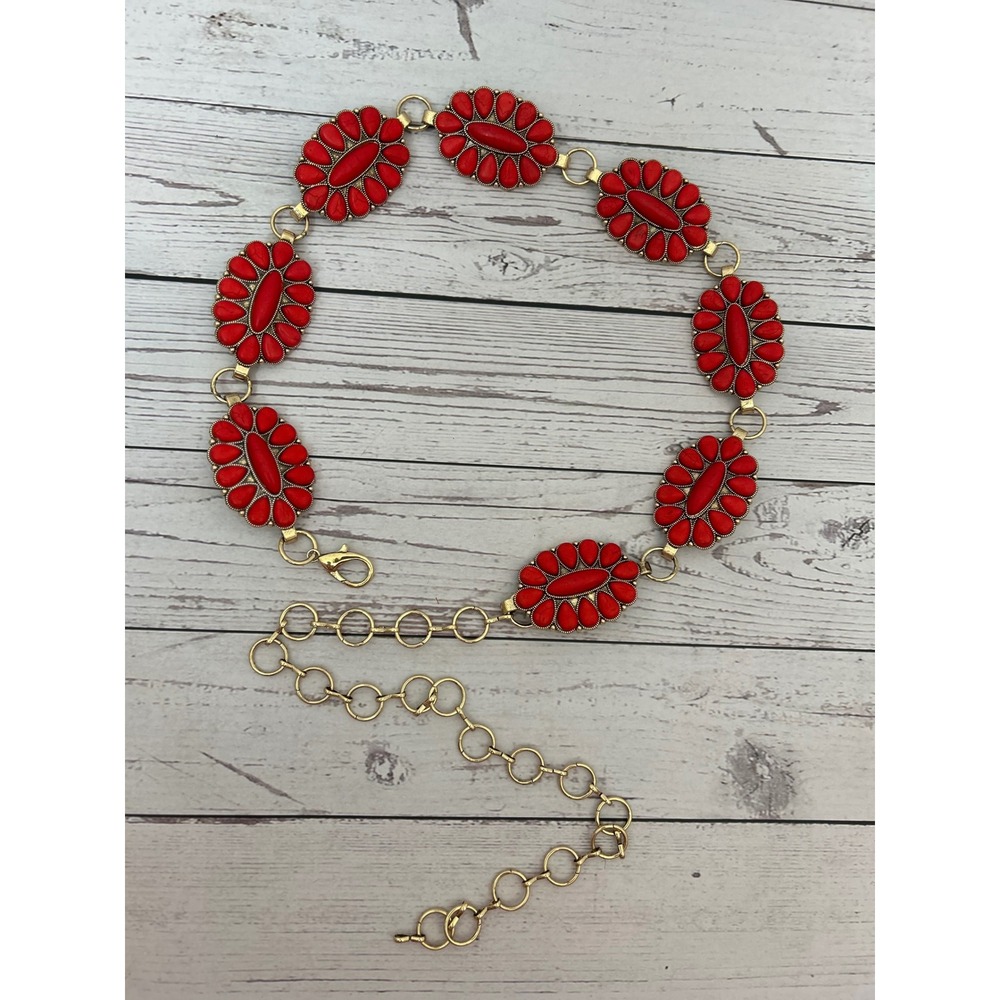 Womens Red Faux Turquoise Western Chain Belt Gold Tone Blossom Medallion 42 Inch